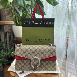 Gucci Dionysus GG Supreme Shoulder Bag Red Suede Interior Full Set COA